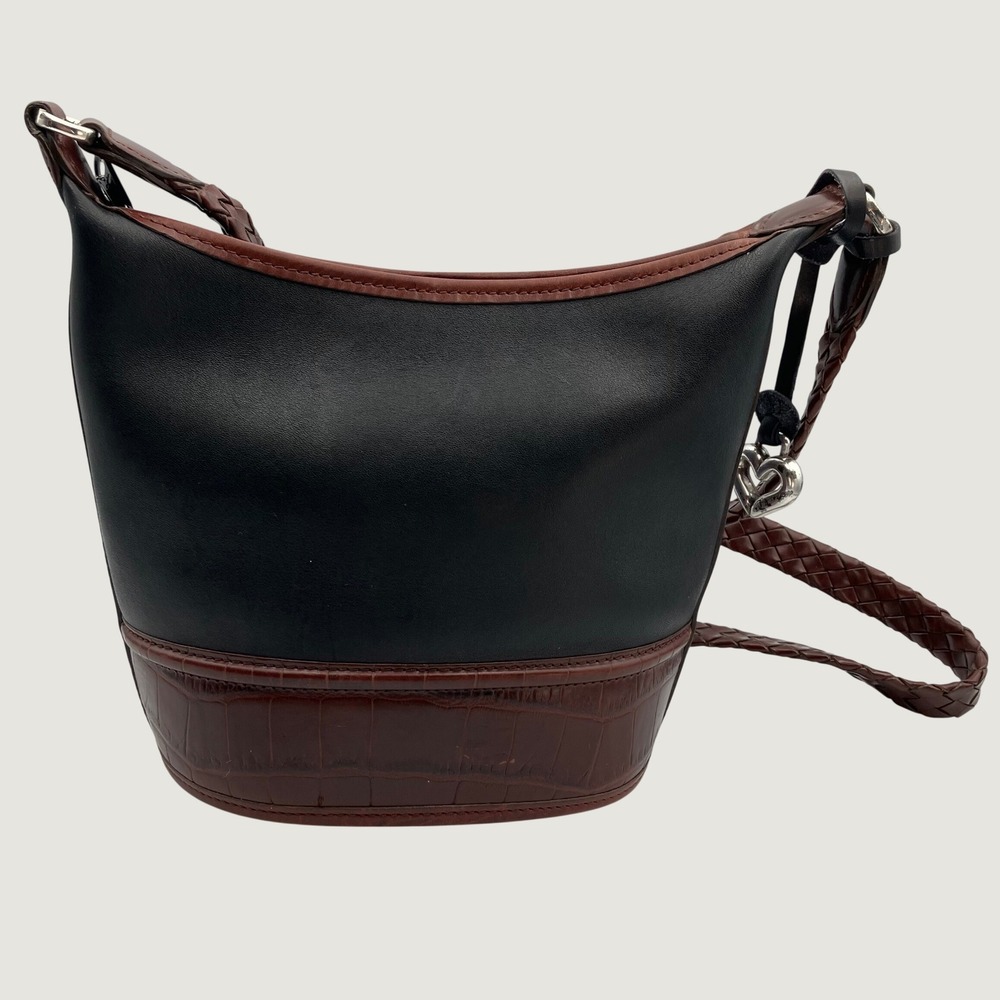 Brighton Black Brown Leather Croc Trim Crossbody Bucket Bag Braided Strap Heart